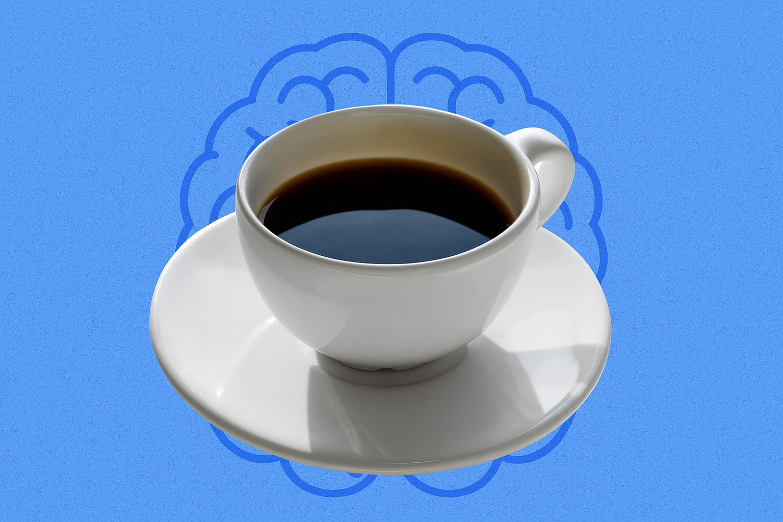 White coffee cup on a saucer over a blue background with a brain outline, symbolizing caffeine’s effect on mental activity.