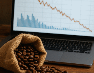 A natural scene showing spilled coffee beans in front of a laptop chart displaying a sharp decline in global coffee prices.