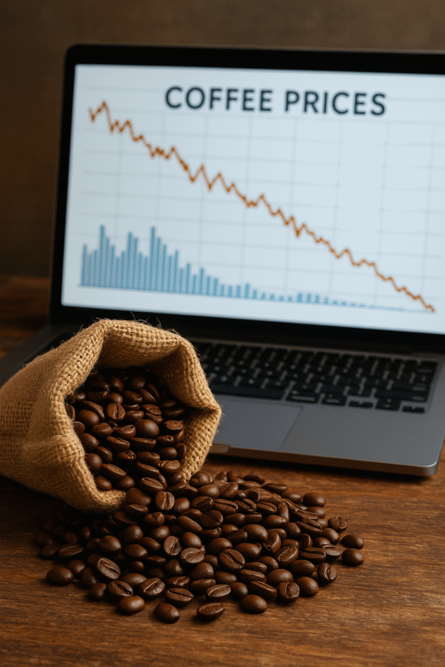 A natural scene showing spilled coffee beans in front of a laptop chart displaying a sharp decline in global coffee prices.