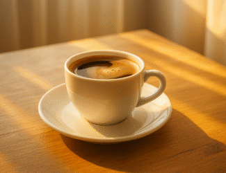 A warm morning scene featuring a steaming cup of black coffee in a white ceramic cup and saucer placed on a wooden table, with golden sunlight streaming through a nearby window, symbolizing energy, freshness, and the health benefits of morning coffee.