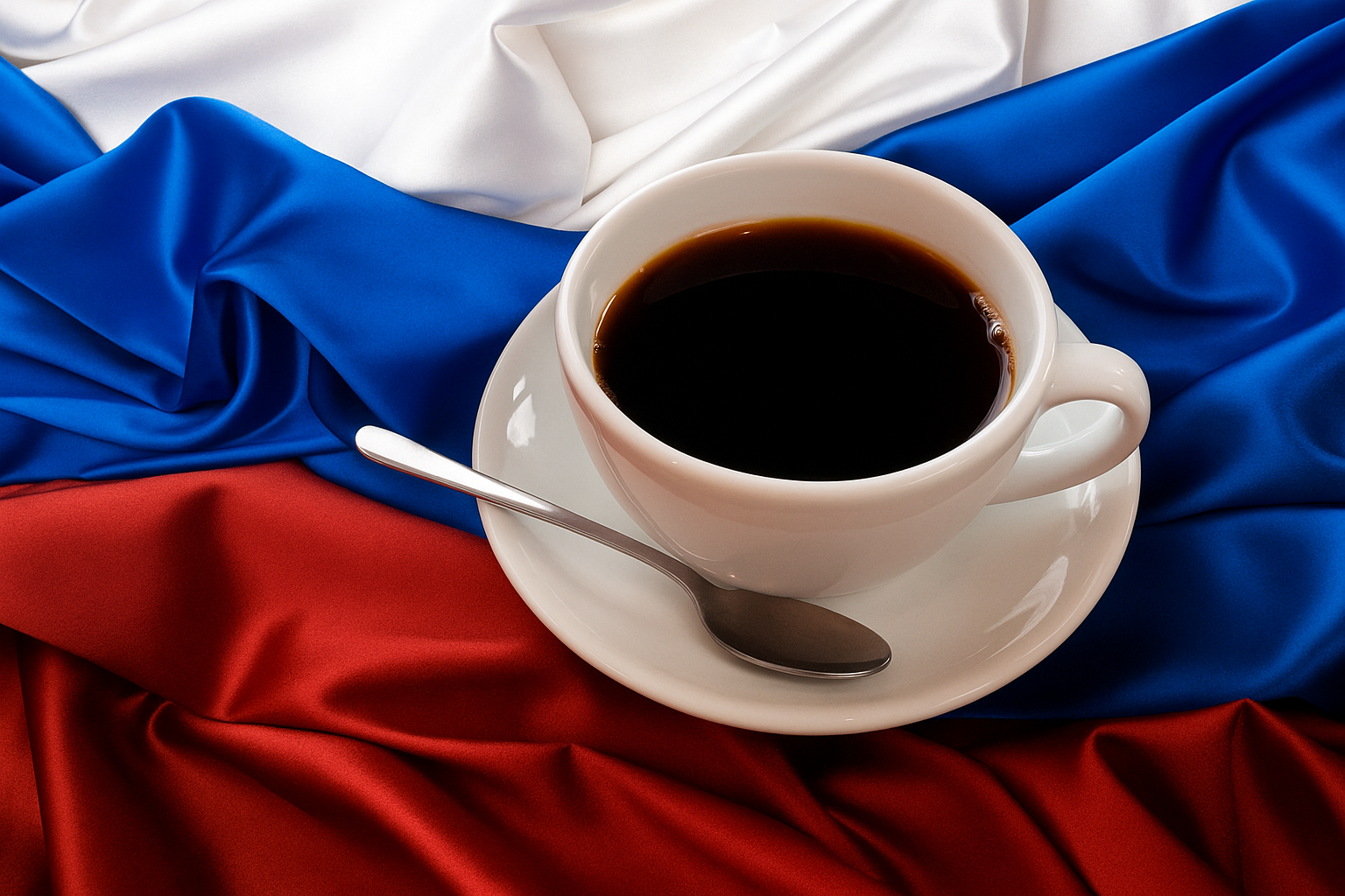 A white cup of black coffee on a saucer with a spoon placed over the Russian flag in red, blue, and white colors.