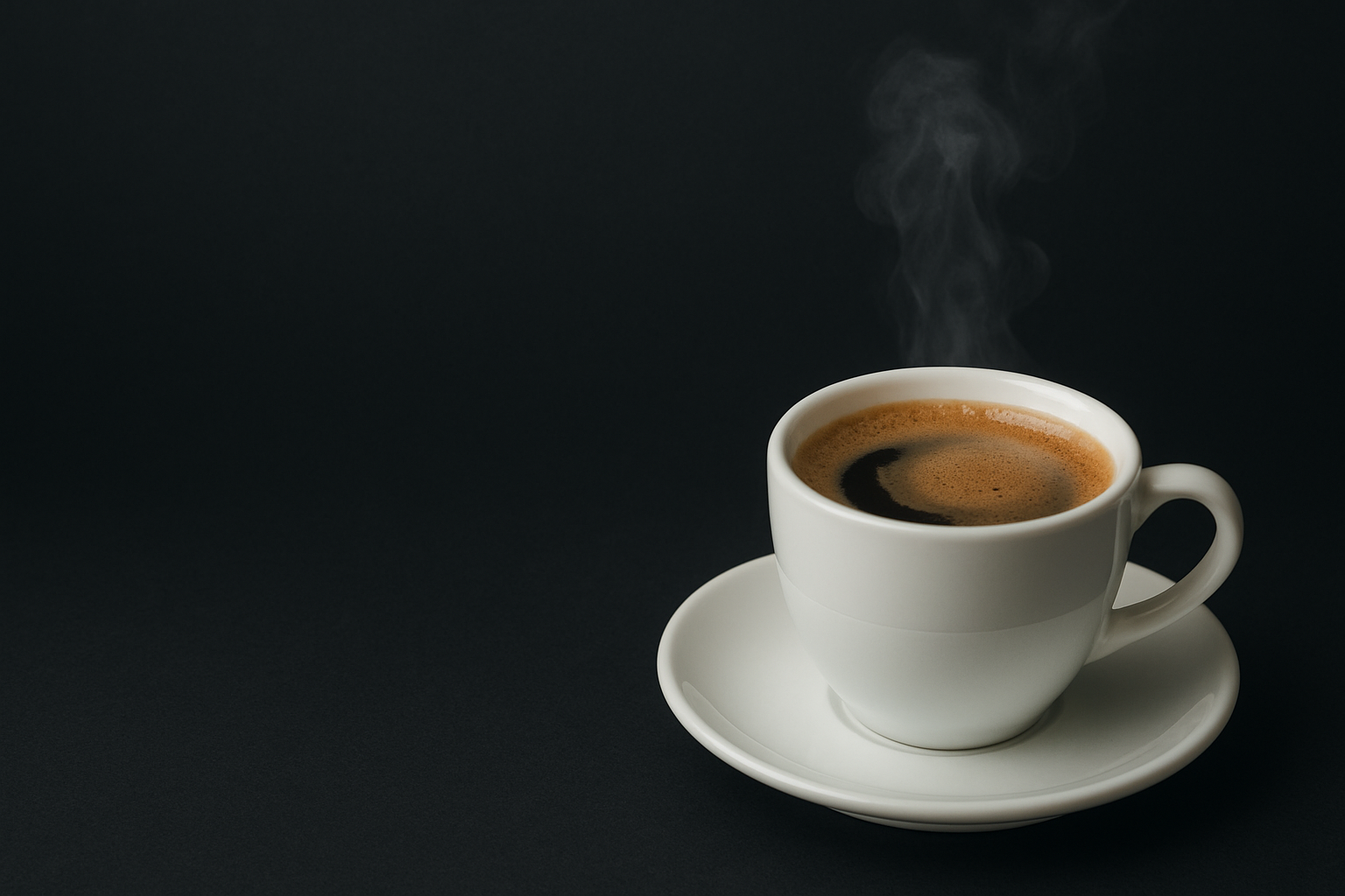 A steaming cup of hot black coffee in a white ceramic cup and saucer placed on a dark background.