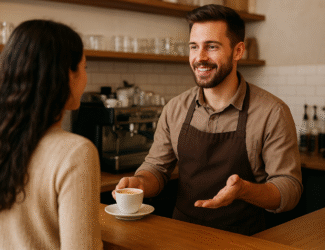 A barista working at a coffee bar, handling espresso tools and preparing a high-quality drink in a warm, modern café environment.