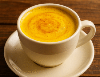 A warm cup of turmeric coffee with golden froth, symbolizing health and energy in a cozy morning setting.