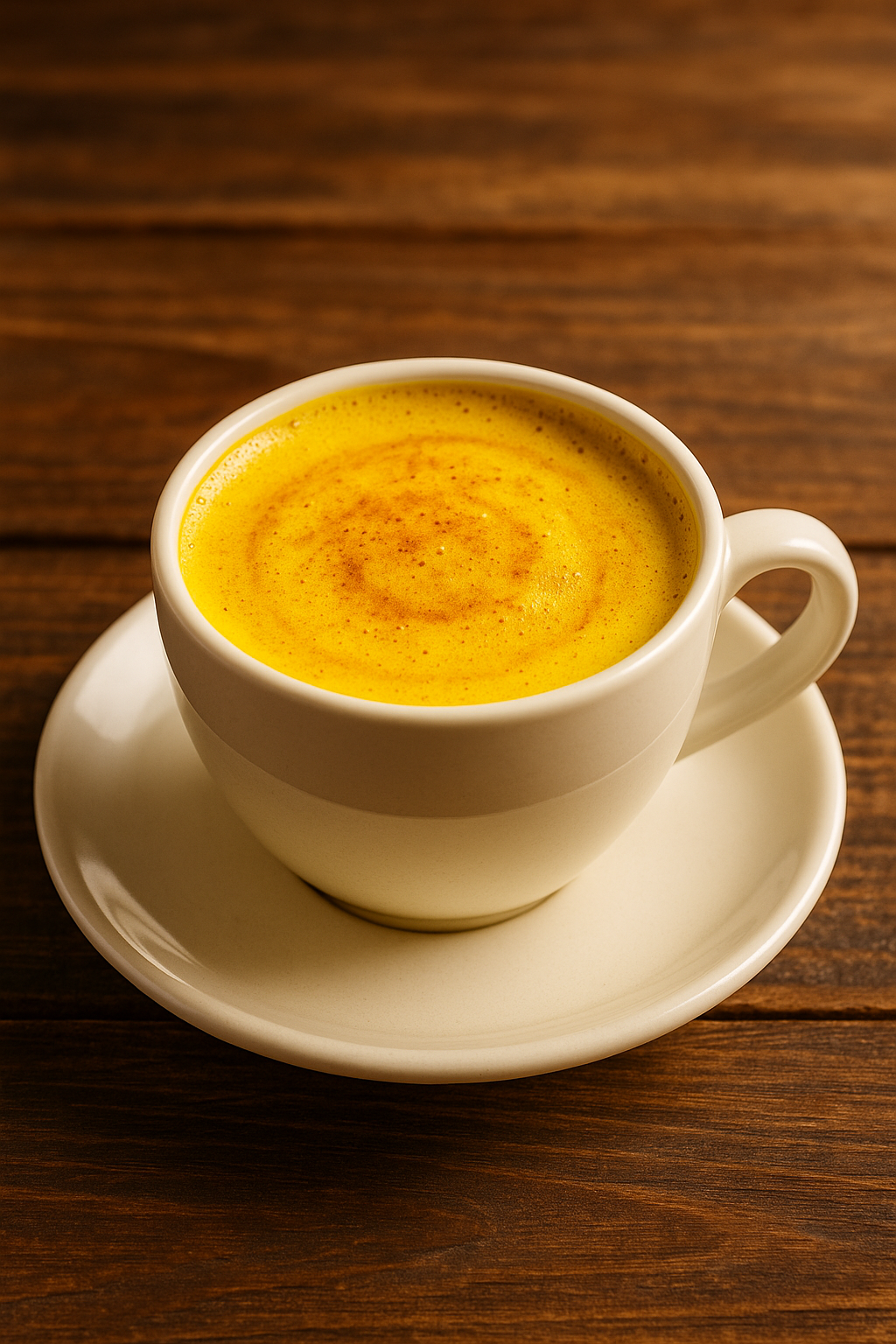 A warm cup of turmeric coffee with golden froth, symbolizing health and energy in a cozy morning setting.