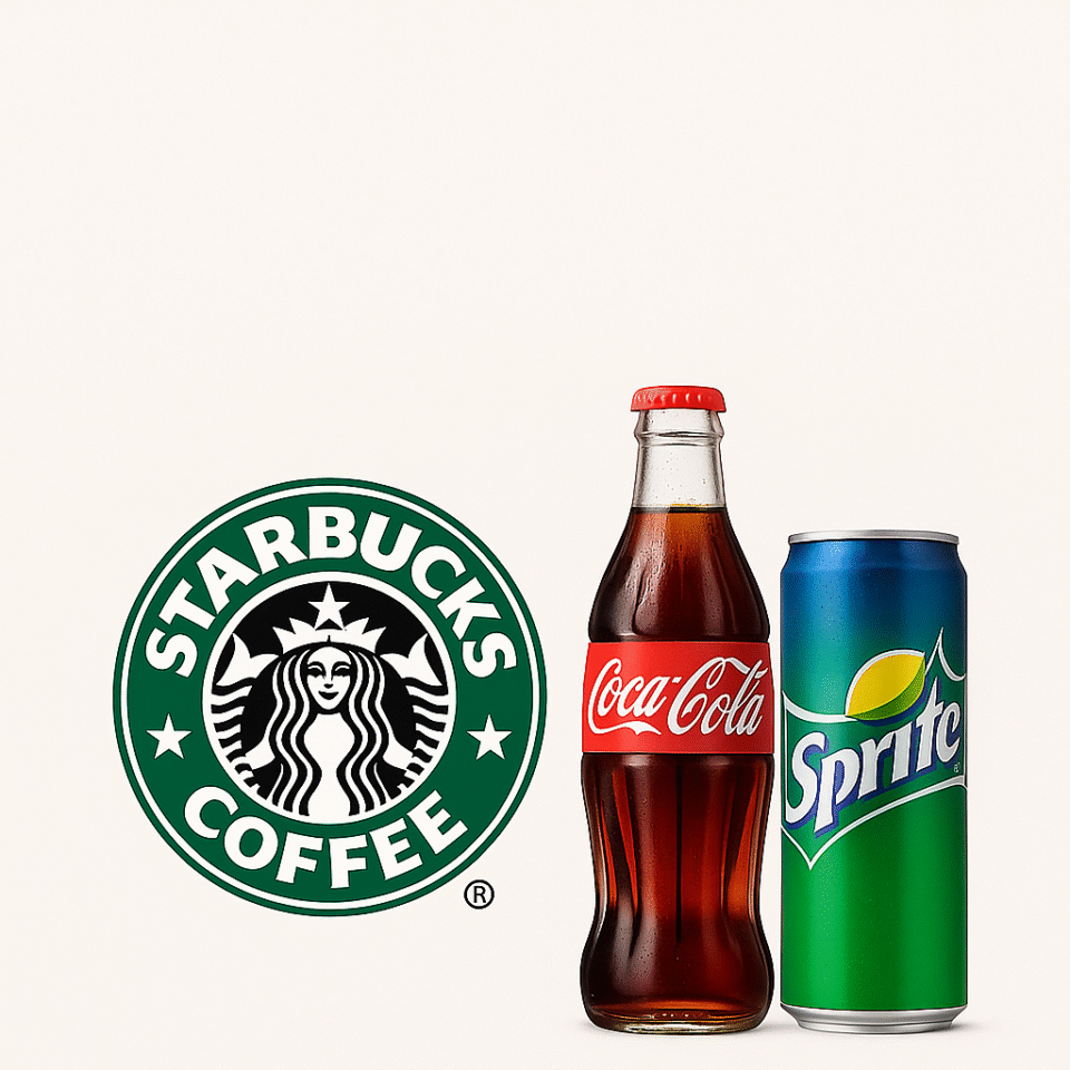 Starbucks logo with Coca-Cola bottle and Sprite can side by side on neutral background representing brand renewal in Russia