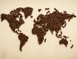 World map made of roasted coffee beans on a beige background, representing global coffee exports and market balance across regions.