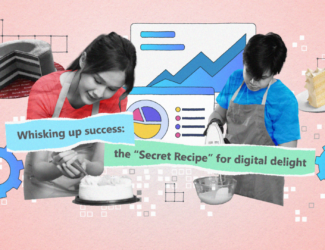 Barista using digital dashboard at Secret Recipe café showing cloud-based analytics and AI insights.